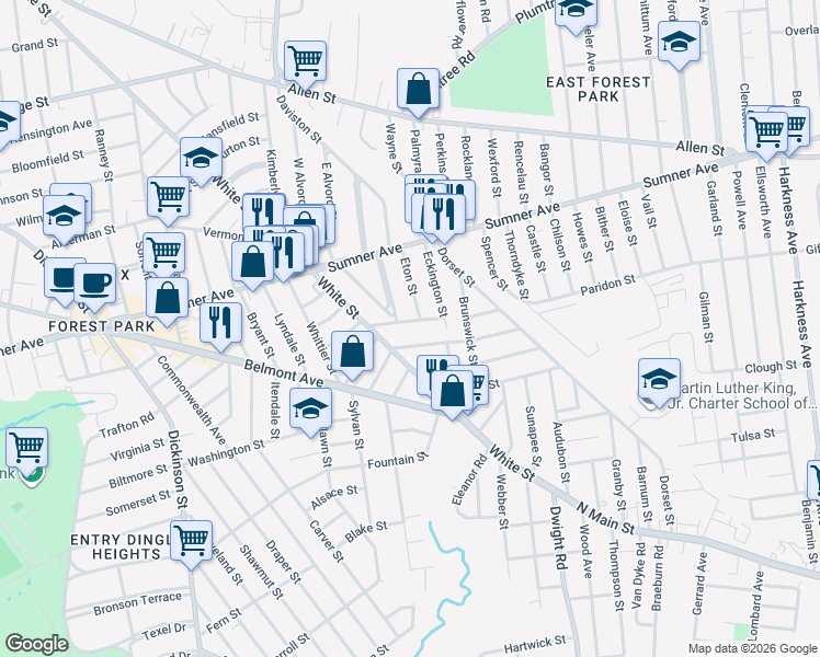 map of restaurants, bars, coffee shops, grocery stores, and more near 573 White Street in Springfield