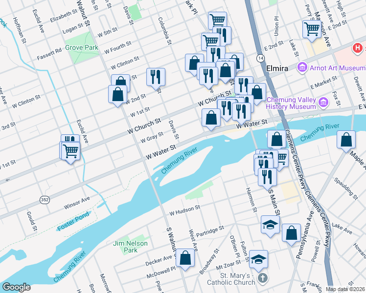 map of restaurants, bars, coffee shops, grocery stores, and more near 411 West Water Street in Elmira