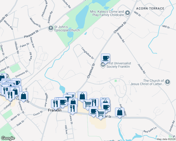 map of restaurants, bars, coffee shops, grocery stores, and more near 215 Chestnut Street in Franklin