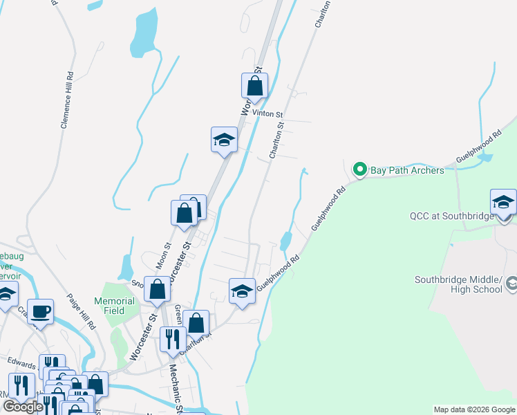 map of restaurants, bars, coffee shops, grocery stores, and more near 394 Charlton Street in Southbridge