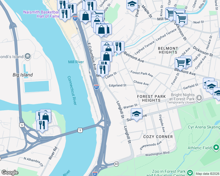 map of restaurants, bars, coffee shops, grocery stores, and more near 61 Longhill Street in Springfield