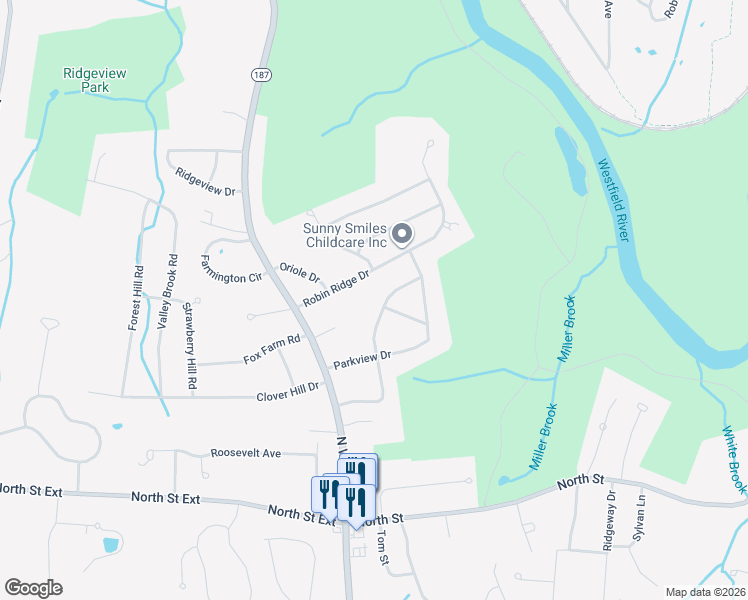 map of restaurants, bars, coffee shops, grocery stores, and more near 115 Thalia Drive in Agawam