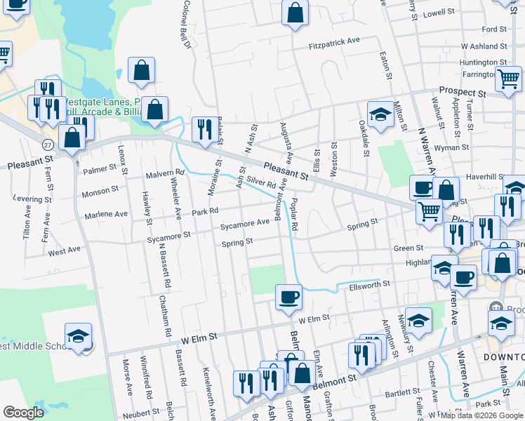 map of restaurants, bars, coffee shops, grocery stores, and more near 4 Sycamore Avenue in Brockton
