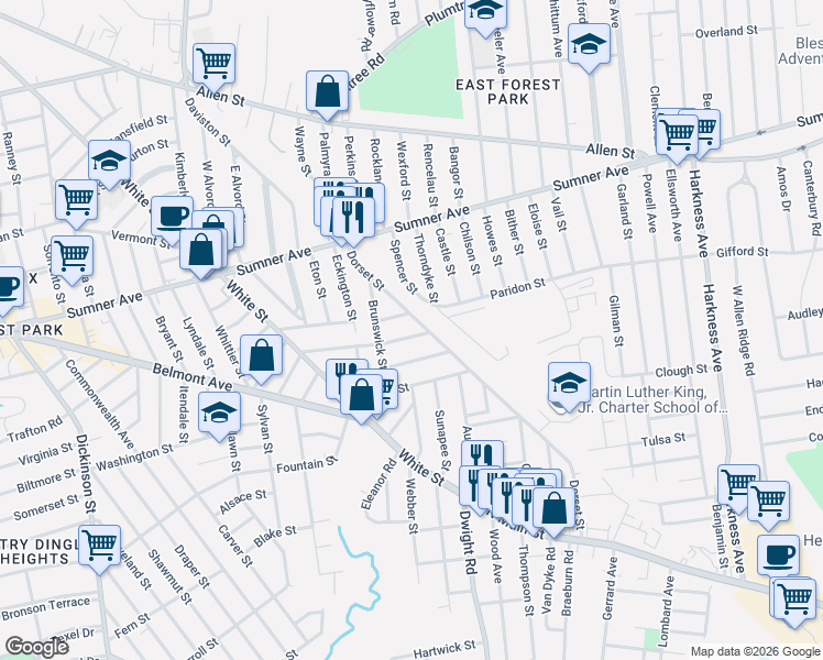 map of restaurants, bars, coffee shops, grocery stores, and more near 44 Blodgett Street in Springfield