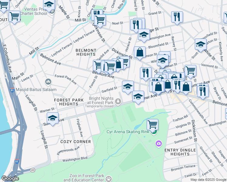 map of restaurants, bars, coffee shops, grocery stores, and more near 24 Sumner Terrace in Springfield