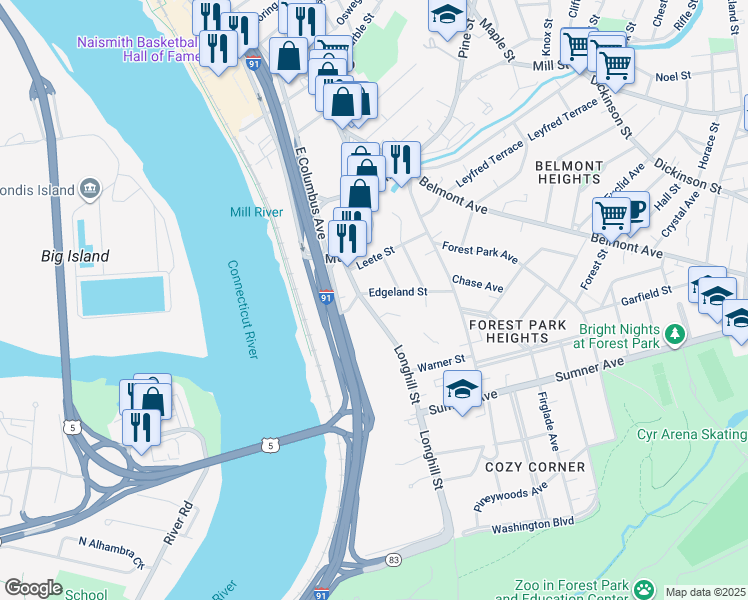 map of restaurants, bars, coffee shops, grocery stores, and more near 337 East Columbus Avenue in Springfield