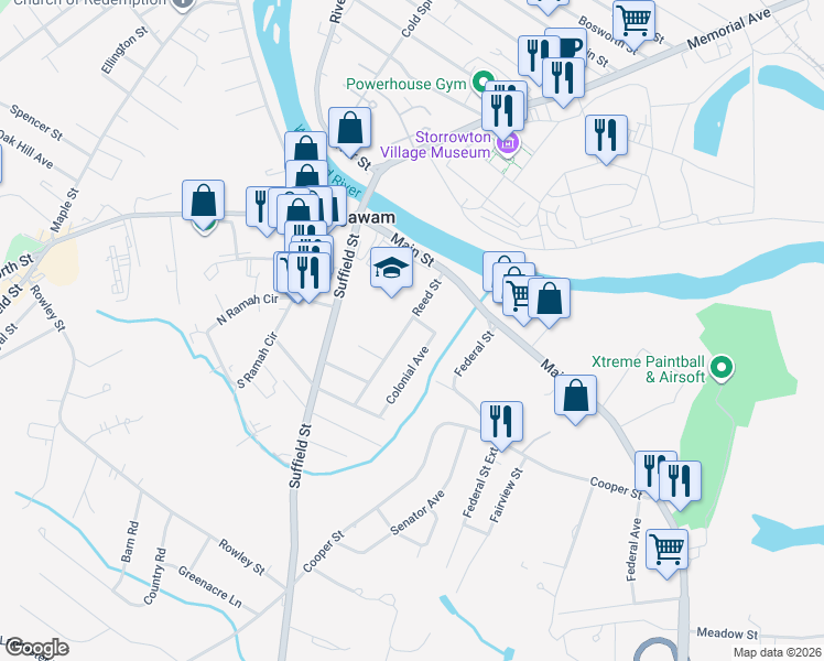 map of restaurants, bars, coffee shops, grocery stores, and more near 77 Reed Street in Agawam