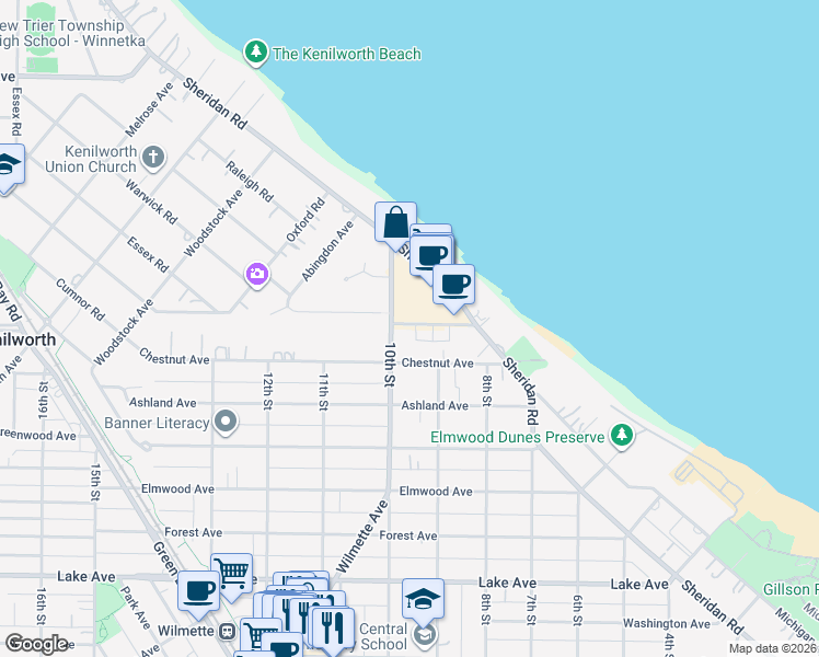 map of restaurants, bars, coffee shops, grocery stores, and more near 920 Chestnut Avenue in Wilmette