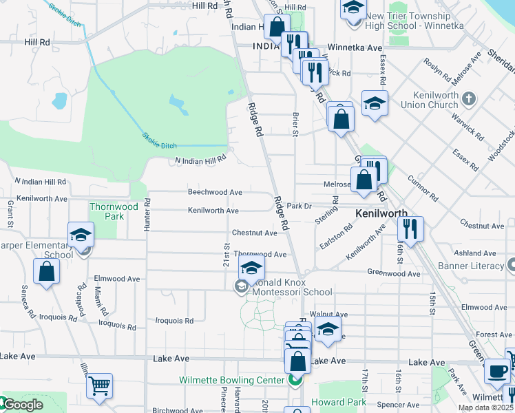 map of restaurants, bars, coffee shops, grocery stores, and more near 2024 Chestnut Avenue in Wilmette