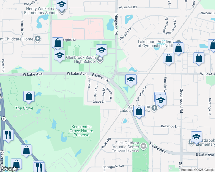 map of restaurants, bars, coffee shops, grocery stores, and more near 1630 Marie Lane in Glenview
