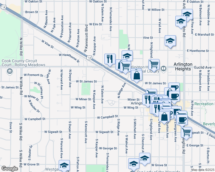 map of restaurants, bars, coffee shops, grocery stores, and more near 618 West Eastman Street in Arlington Heights