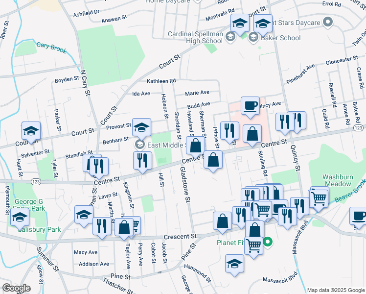 map of restaurants, bars, coffee shops, grocery stores, and more near 31 Sheridan Street in Brockton