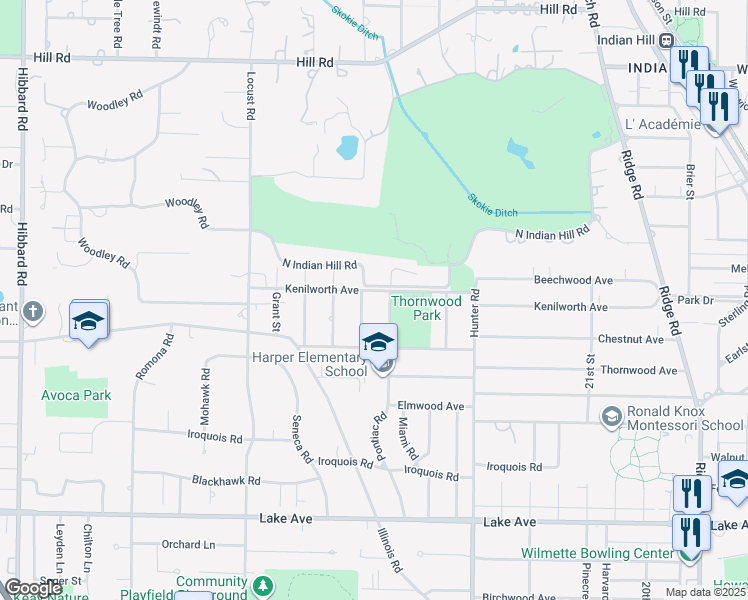 map of restaurants, bars, coffee shops, grocery stores, and more near 1220 Princeton Place in Wilmette