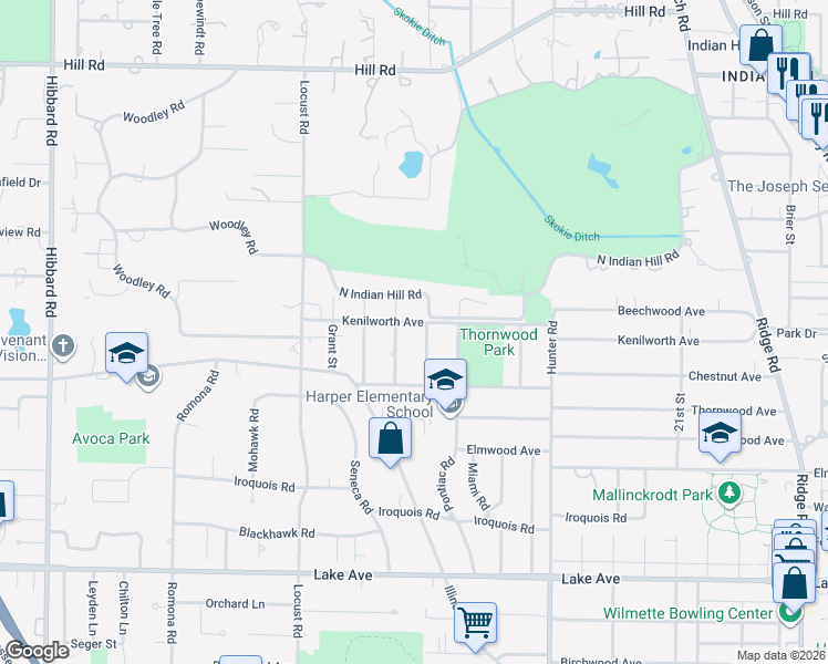 map of restaurants, bars, coffee shops, grocery stores, and more near 1220 Cleveland Street in Wilmette