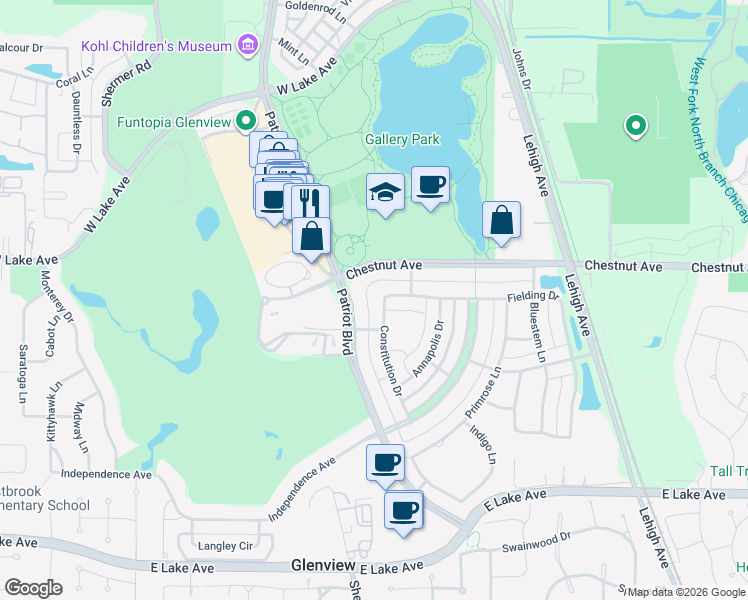 map of restaurants, bars, coffee shops, grocery stores, and more near 1719 Patriot Boulevard in Glenview