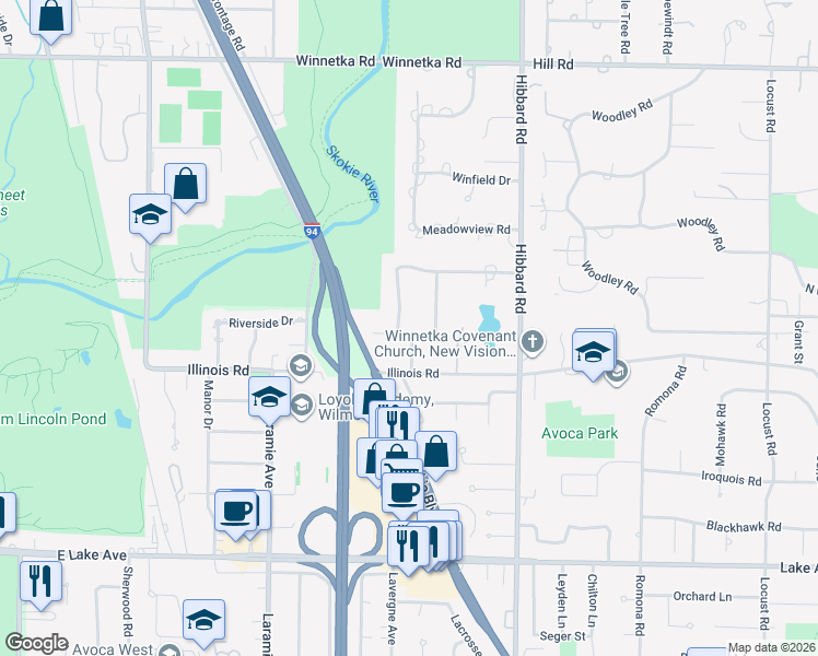 map of restaurants, bars, coffee shops, grocery stores, and more near 21 Longmeadow Road in Winnetka