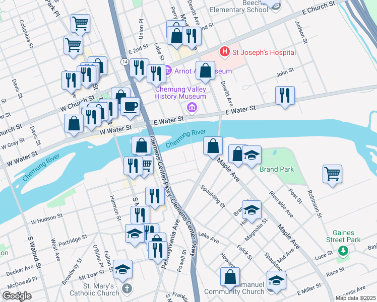 map of restaurants, bars, coffee shops, grocery stores, and more near 1000 Penna Avenue in Elmira