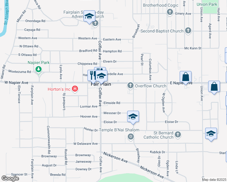 map of restaurants, bars, coffee shops, grocery stores, and more near 120 East Napier Avenue in Benton Harbor