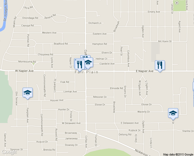 map of restaurants, bars, coffee shops, grocery stores, and more near 120 East Napier Avenue in Benton Harbor