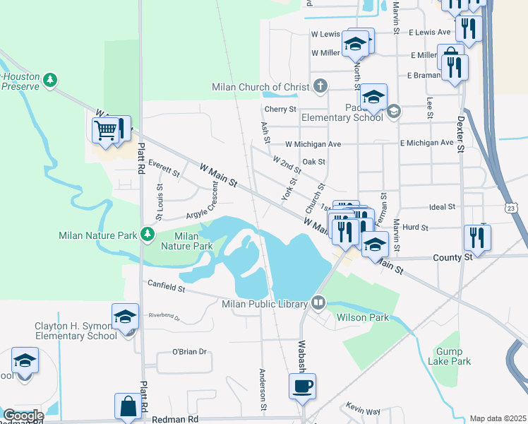 map of restaurants, bars, coffee shops, grocery stores, and more near 217 West Main Street in Milan