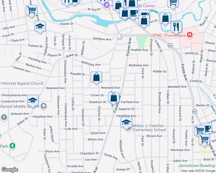 map of restaurants, bars, coffee shops, grocery stores, and more near 20 Myers Avenue in Jamestown