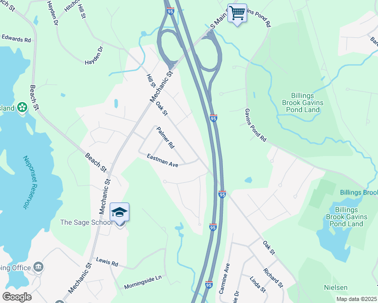 map of restaurants, bars, coffee shops, grocery stores, and more near 25 Oak Street in Foxborough