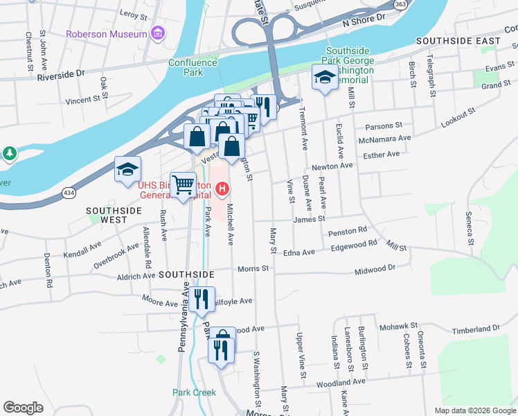 map of restaurants, bars, coffee shops, grocery stores, and more near 74 Mary Street in Binghamton