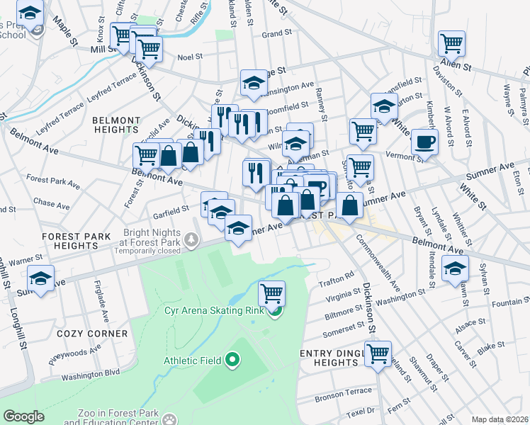 map of restaurants, bars, coffee shops, grocery stores, and more near 461 Belmont Avenue in Springfield