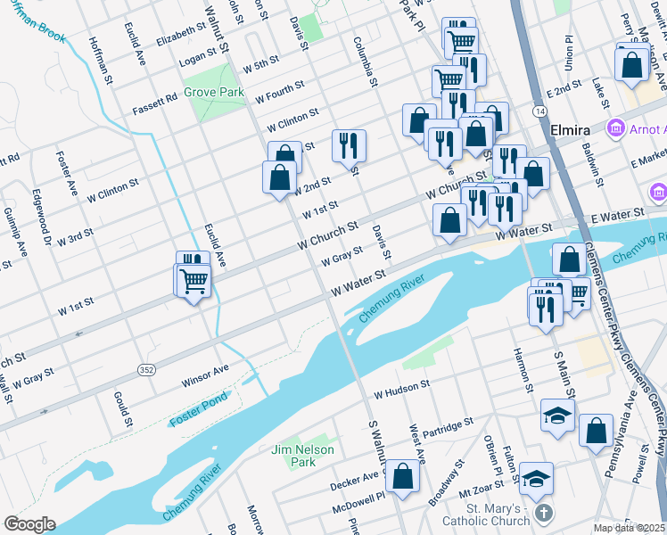 map of restaurants, bars, coffee shops, grocery stores, and more near 461 West Church Street in Elmira