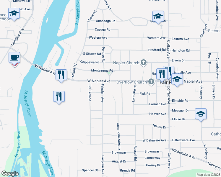 map of restaurants, bars, coffee shops, grocery stores, and more near 472 West Napier Avenue in Benton Harbor