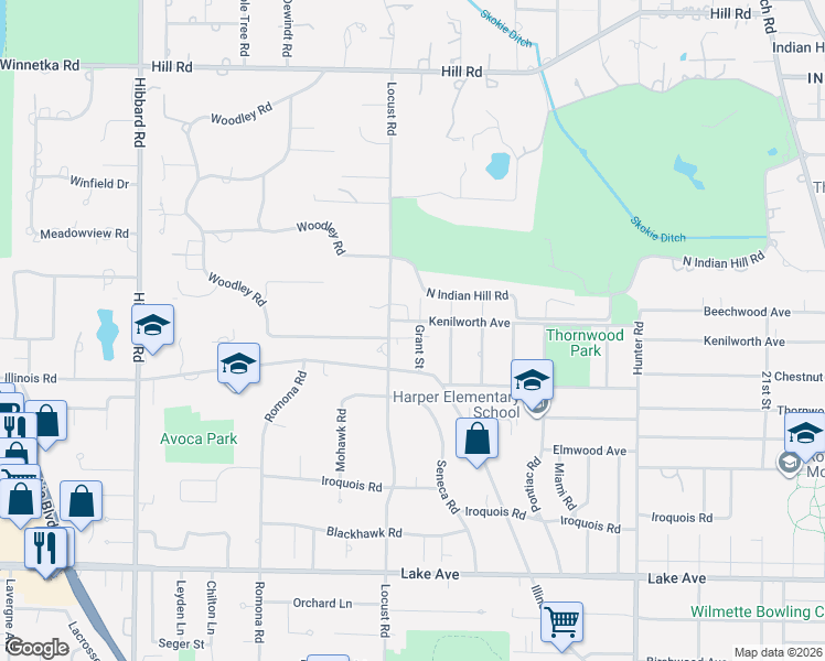 map of restaurants, bars, coffee shops, grocery stores, and more near 2629 Kenilworth Avenue in Wilmette