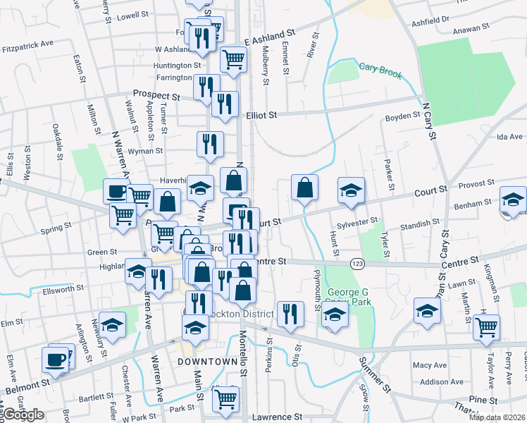 map of restaurants, bars, coffee shops, grocery stores, and more near 10 Commercial Street in Brockton