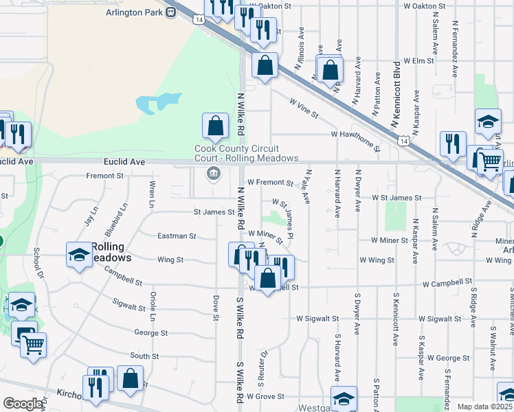 map of restaurants, bars, coffee shops, grocery stores, and more near 409 North Reuter Drive in Arlington Heights