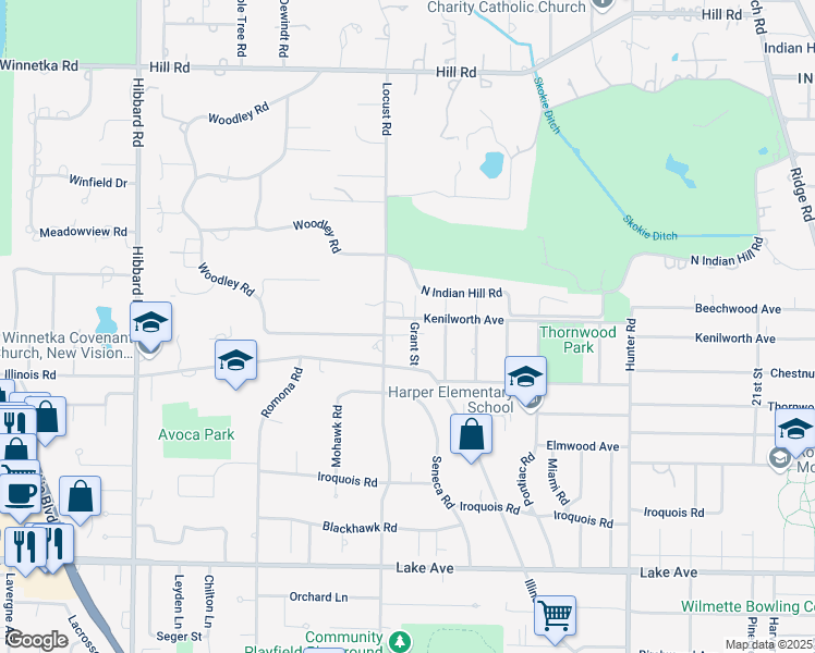 map of restaurants, bars, coffee shops, grocery stores, and more near 2629 Kenilworth Avenue in Wilmette