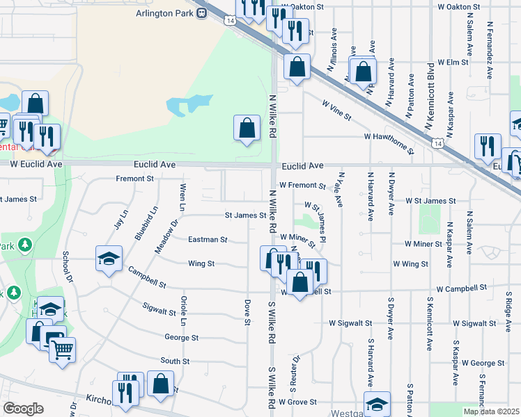 map of restaurants, bars, coffee shops, grocery stores, and more near 411 North Wilke Road in Arlington Heights
