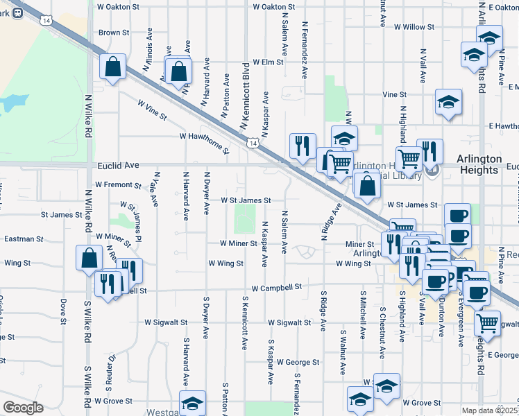 map of restaurants, bars, coffee shops, grocery stores, and more near 912 West Saint James Street in Arlington Heights