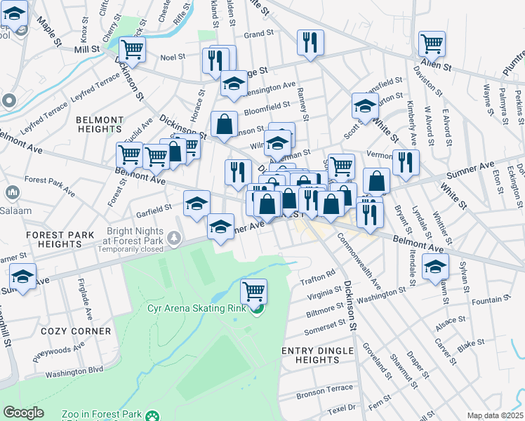 map of restaurants, bars, coffee shops, grocery stores, and more near 1 Burlington Street in Springfield