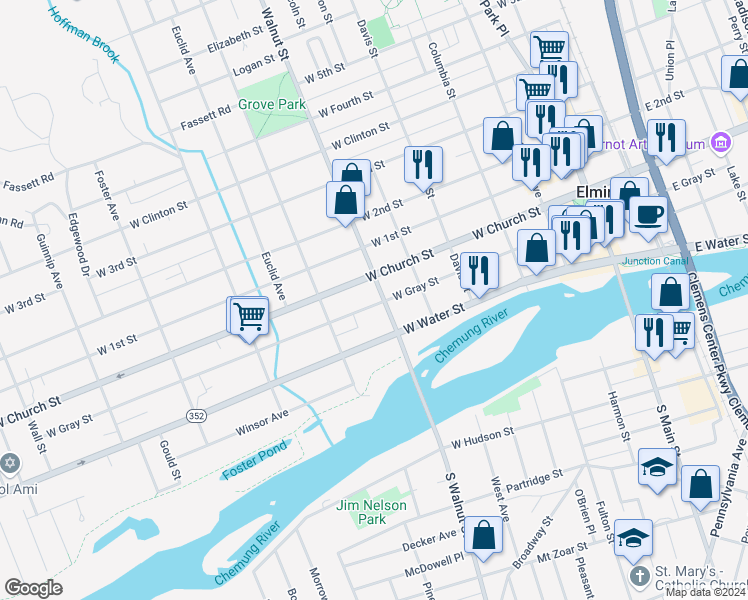 map of restaurants, bars, coffee shops, grocery stores, and more near 201 Walnut Street in Elmira