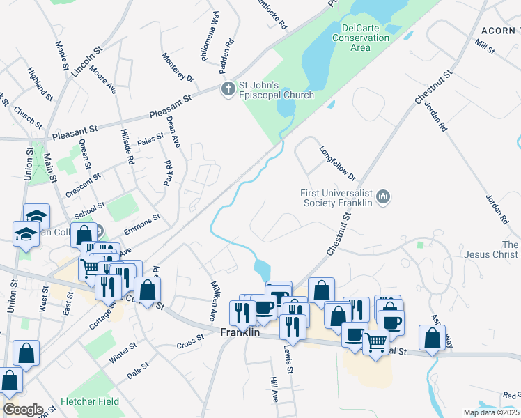 map of restaurants, bars, coffee shops, grocery stores, and more near 36 Longobardi Drive in Franklin