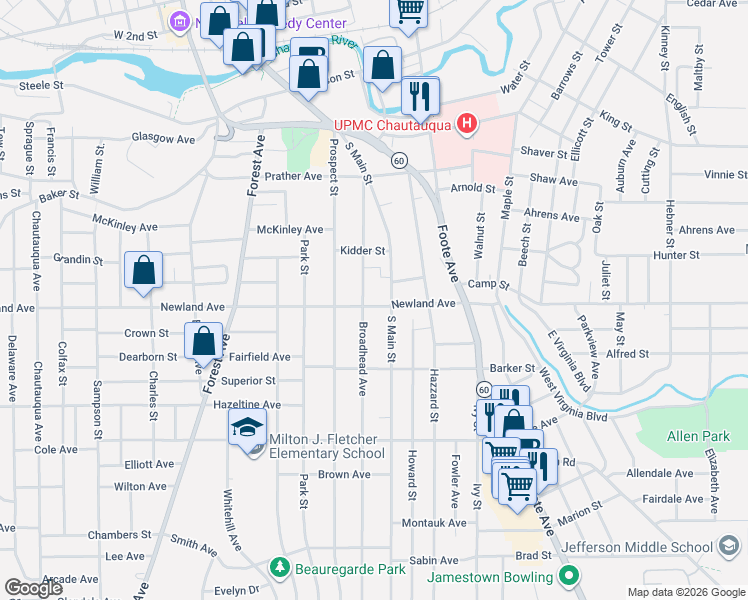 map of restaurants, bars, coffee shops, grocery stores, and more near 116 Broadhead Avenue in Jamestown