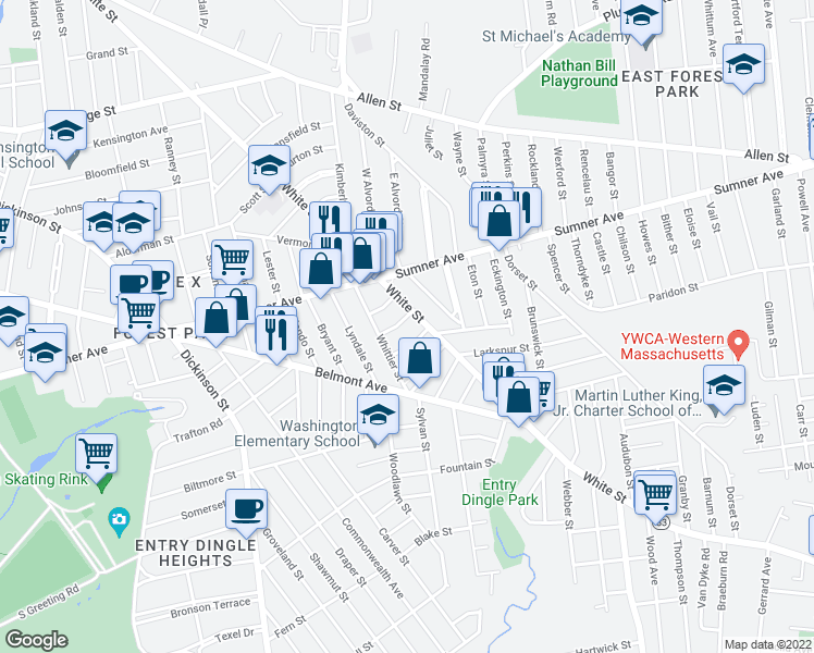 map of restaurants, bars, coffee shops, grocery stores, and more near 27-29 Standish Street in Springfield