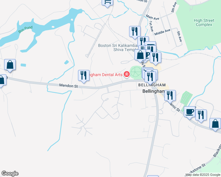 map of restaurants, bars, coffee shops, grocery stores, and more near 49 Mendon Street in Bellingham