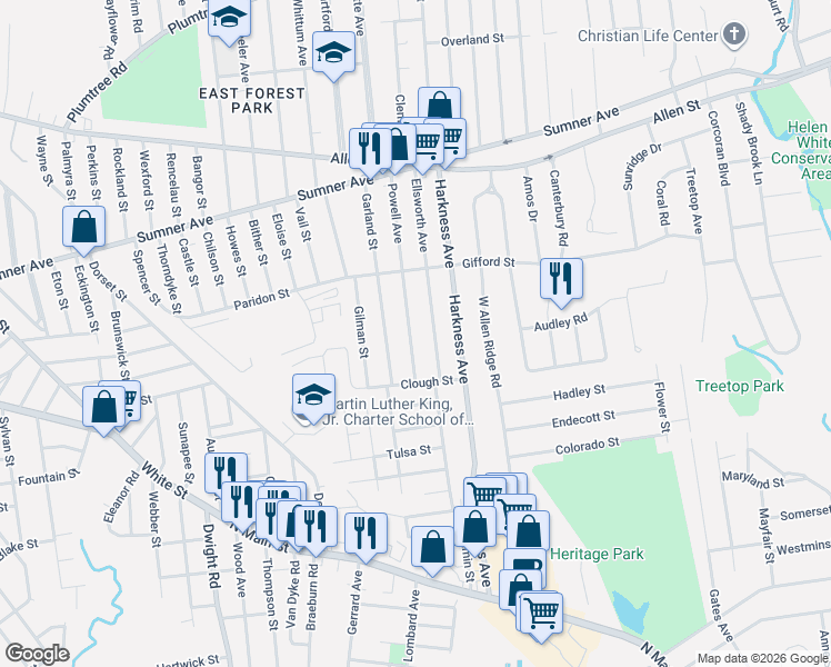 map of restaurants, bars, coffee shops, grocery stores, and more near 140 Powell Avenue in Springfield