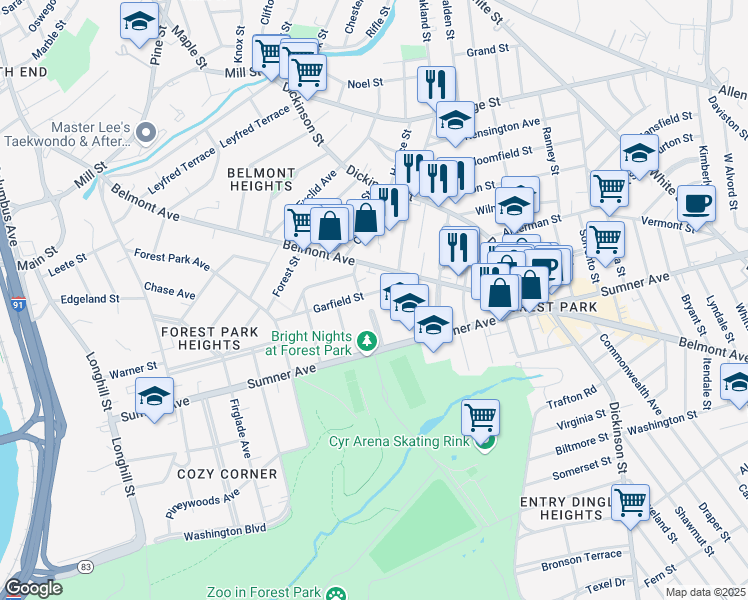 map of restaurants, bars, coffee shops, grocery stores, and more near 15-19 Litchfield Street in Springfield