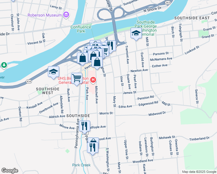 map of restaurants, bars, coffee shops, grocery stores, and more near 74 Mary Street in Binghamton