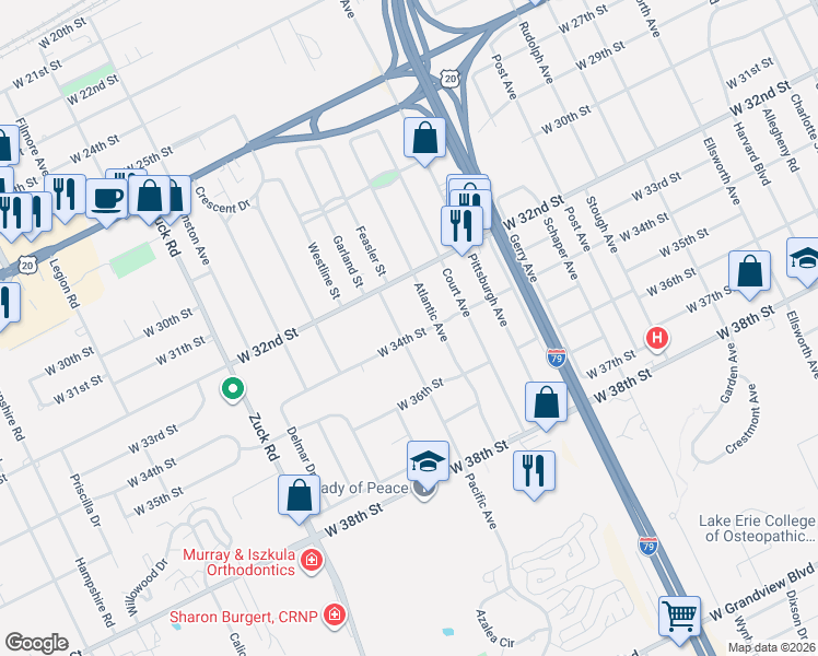 map of restaurants, bars, coffee shops, grocery stores, and more near 3221 Pacific Avenue in Erie
