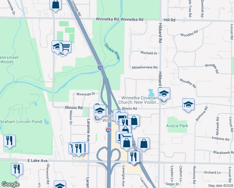 map of restaurants, bars, coffee shops, grocery stores, and more near 33 Longmeadow Road in Winnetka