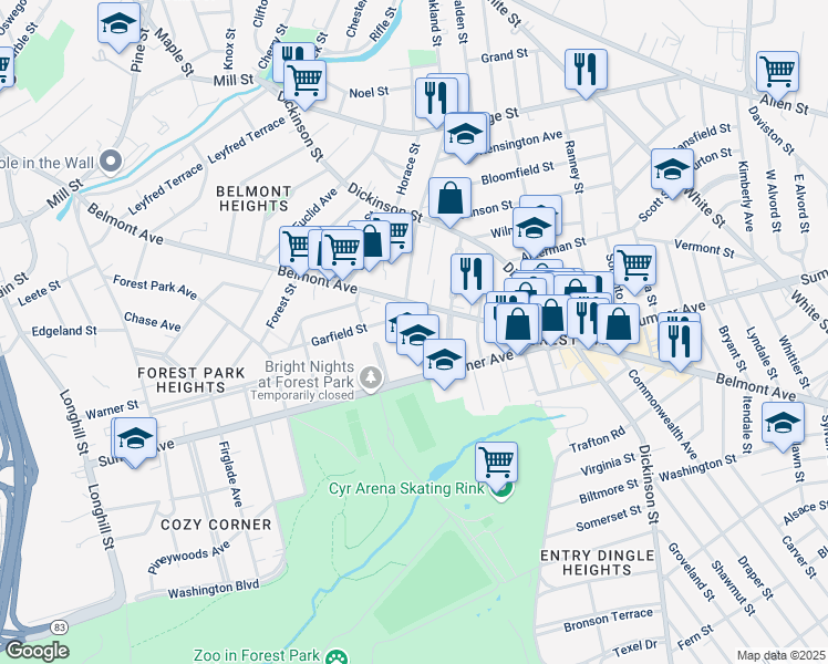 map of restaurants, bars, coffee shops, grocery stores, and more near 46 Oakland Street in Springfield