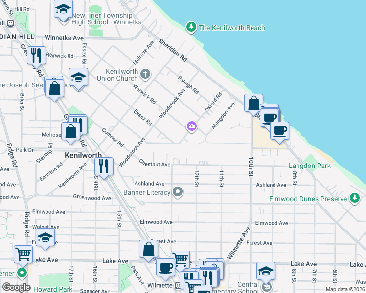 map of restaurants, bars, coffee shops, grocery stores, and more near 211 Essex Road in Kenilworth