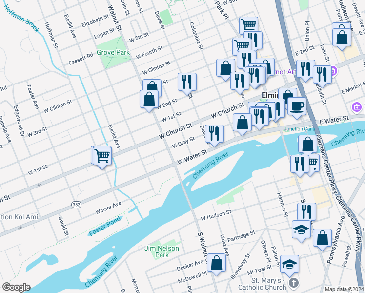 map of restaurants, bars, coffee shops, grocery stores, and more near 455 West Gray Street in Elmira